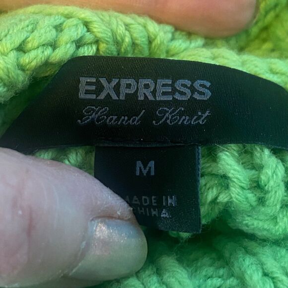 Express Hand Knit 100% Merino Wool Cable Knit Turtleneck Sweater Women’s M Green - Picture 3 of 9